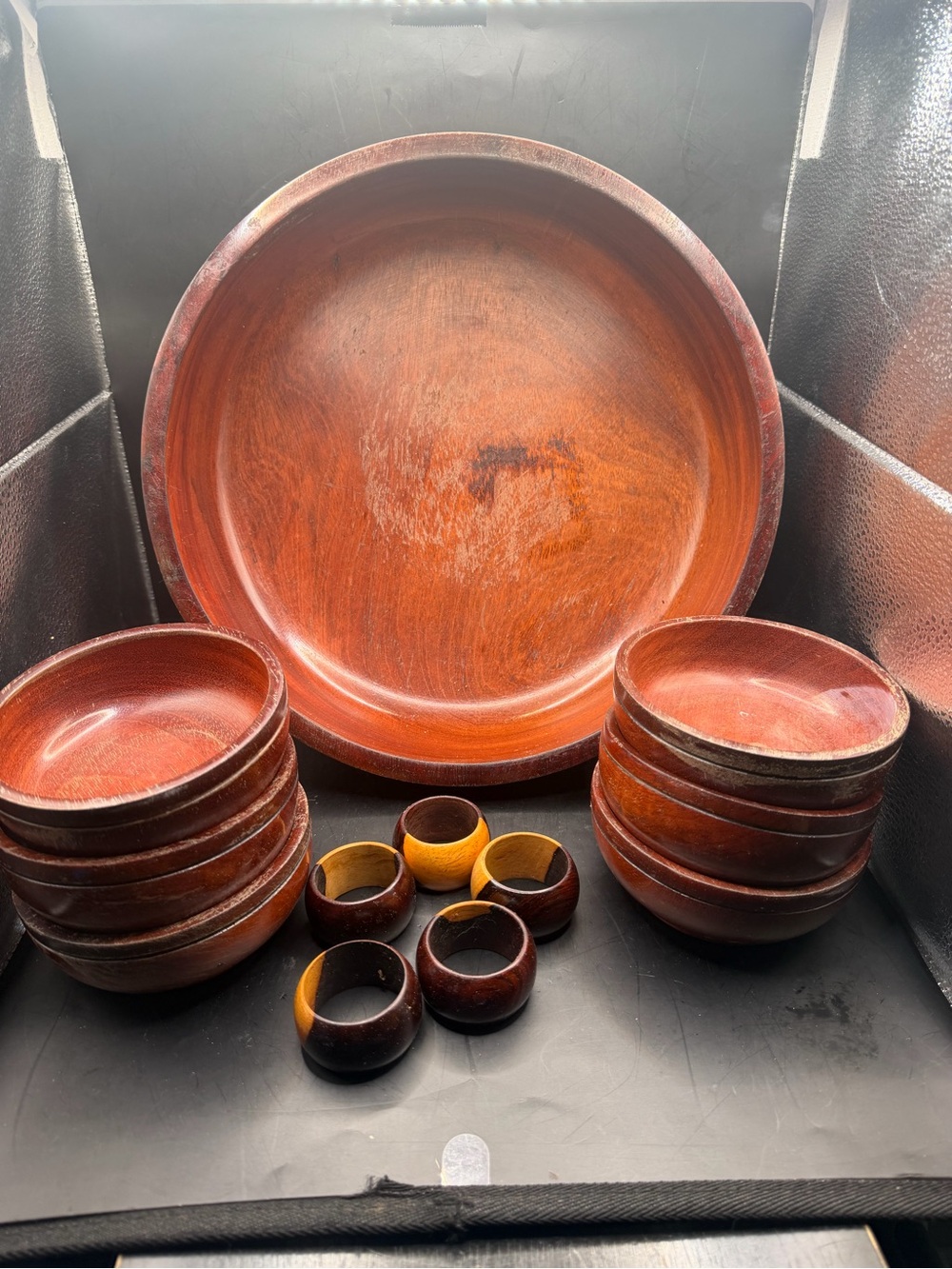 14 Pc Wooden Salad Serving Bowl Set 8 Bowls 5 Napkin Rings Boho